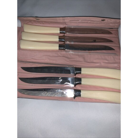 Vintage WASHINGTON FORGE 6 Steak Knife Set Stainless Butterscotch - Picture 7 of 9